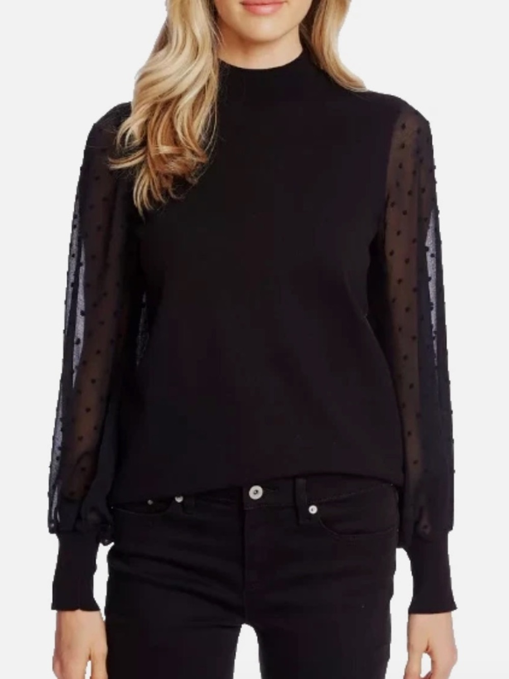 CeCe M Women’s Mockneck Swiss Dot Sheer Sleeve Sweater